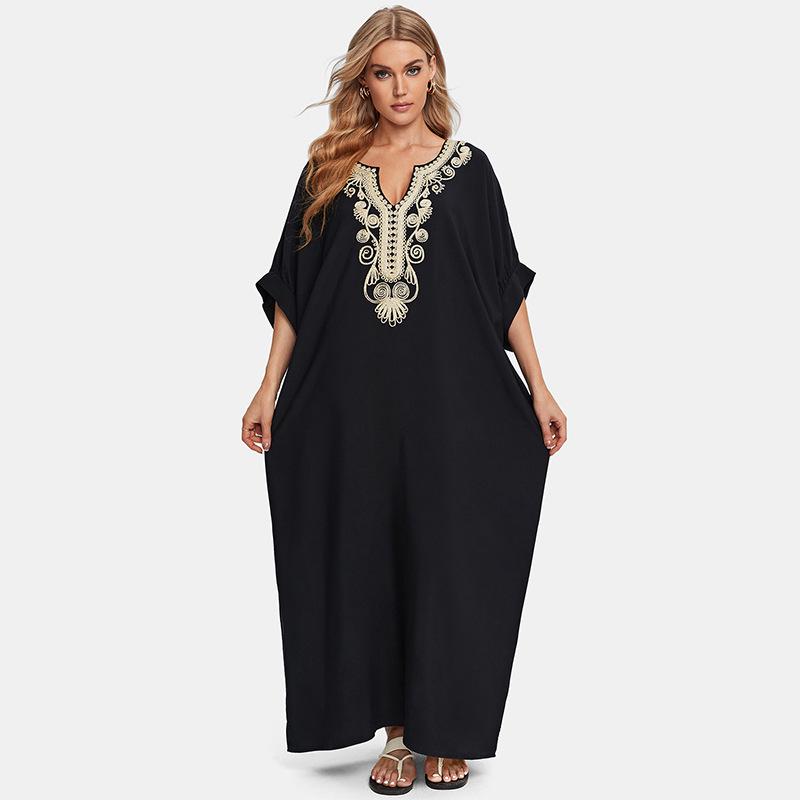 2024 European & American Cotton Embroidered Plus Size Beach Cover-up Dress