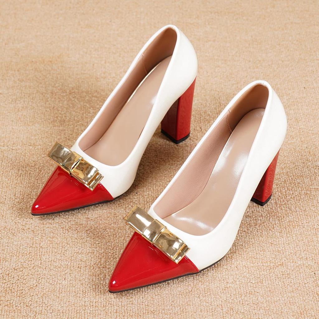 European & American Women's Chunky Heel Bow High Heels - Patent Leather, Pointed Toe, Plus Size