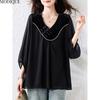 MODIQUE Spring Summer Plus Size New Women Loose Black Vintage Solid Blouse Shirts Female Casual Oversize Long Sleeve V-Neck Top