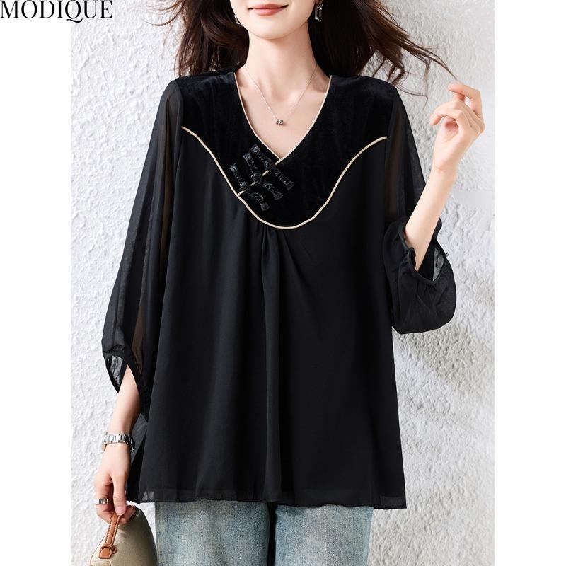 MODIQUE Spring Summer Plus Size New Women Loose Black Vintage Solid Blouse Shirts Female Casual Oversize Long Sleeve V-Neck Top