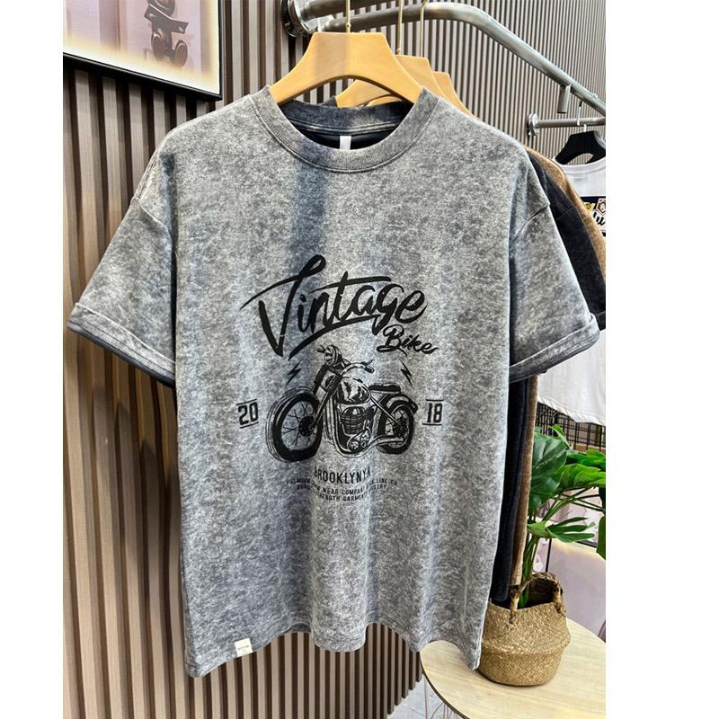 Sommer Motorrad Druck Kurzarm T-Shirt Herren Amerikanisch Retro Rundhals Locker Lässig Vielseitig Mode Männliches Oberteil