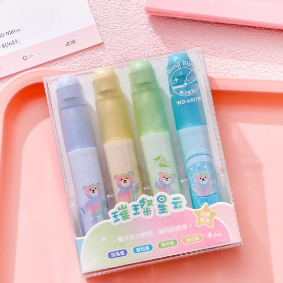 4Pcs Cute Bear Glitter Highlighter Set Large Capacity Pastel Markers for Journaling Notes Smooth Quick-Dry Fun School Supplies for Kids Students