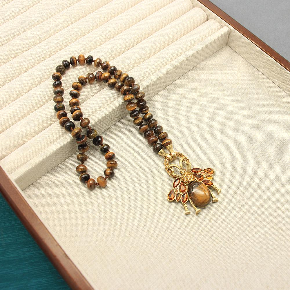 Colar Corrente de Suéter Vintage Destacável com Pedra Olho de Tigre Natural e Pingente de Abelha