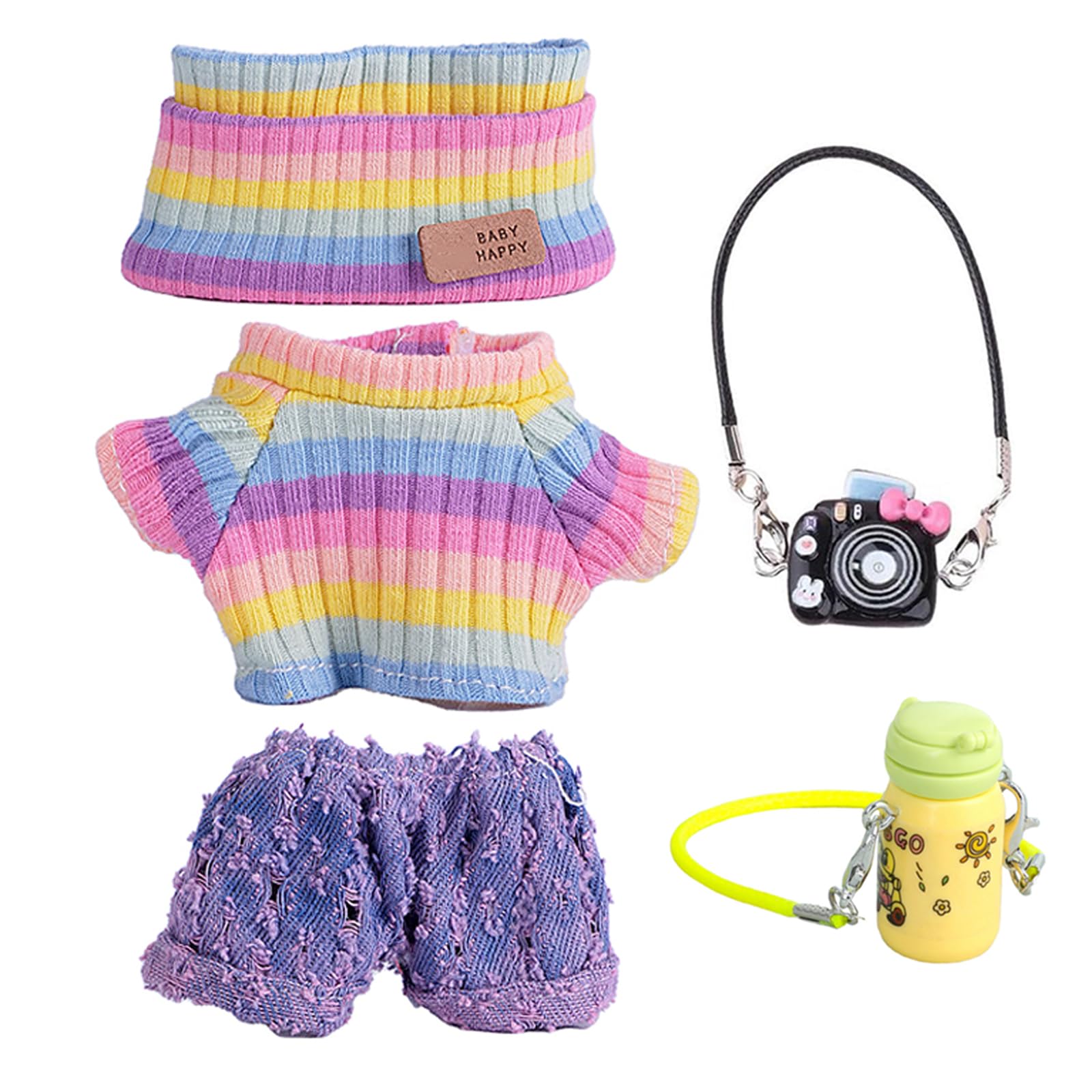 

[FTADI] Одежда для плюшевых кукол - Милый модный вязаный комплект свитеров для кукол 15-17 см, Игрушка для переодевания для кукол 15-17 см, Набор с камерой и бутылкой для воды для кукол