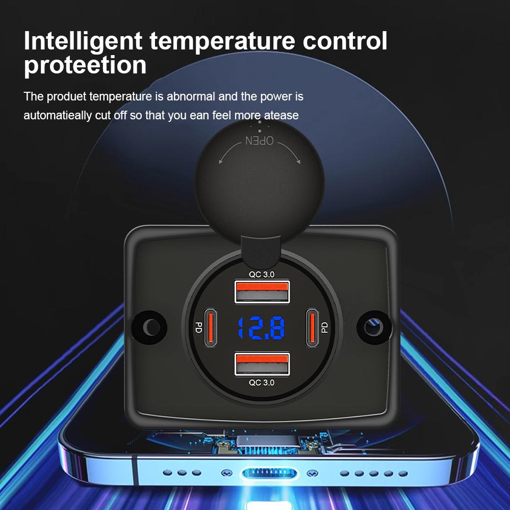 New 4 Ports Dual QC3.0 Dual PD Car Charger Socket with Sliding Cap 12V/24V 96W Fast Charger Power Outlet for Car Boat Bus, RV