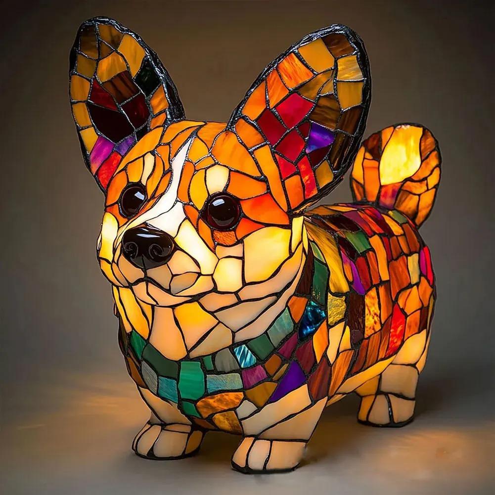 LED Animal Resin Table Lamp Dog Series Art Night Light 3D Stained Glass Cute Dog Bedside Lamp for Living Room Bedroom Decoration