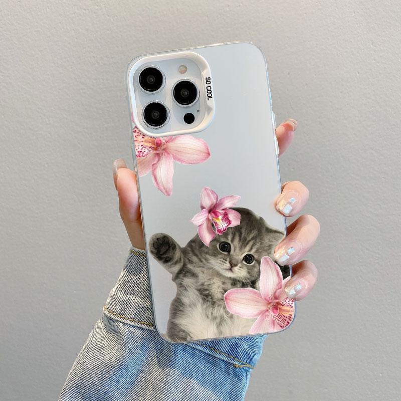 Kitten Cat & Flowers Cute Animals Artistic Laser Phone Case for iPhone 15 14 Pro Max Plus 16 11 12 13 Mini Pro Max Back Coves
