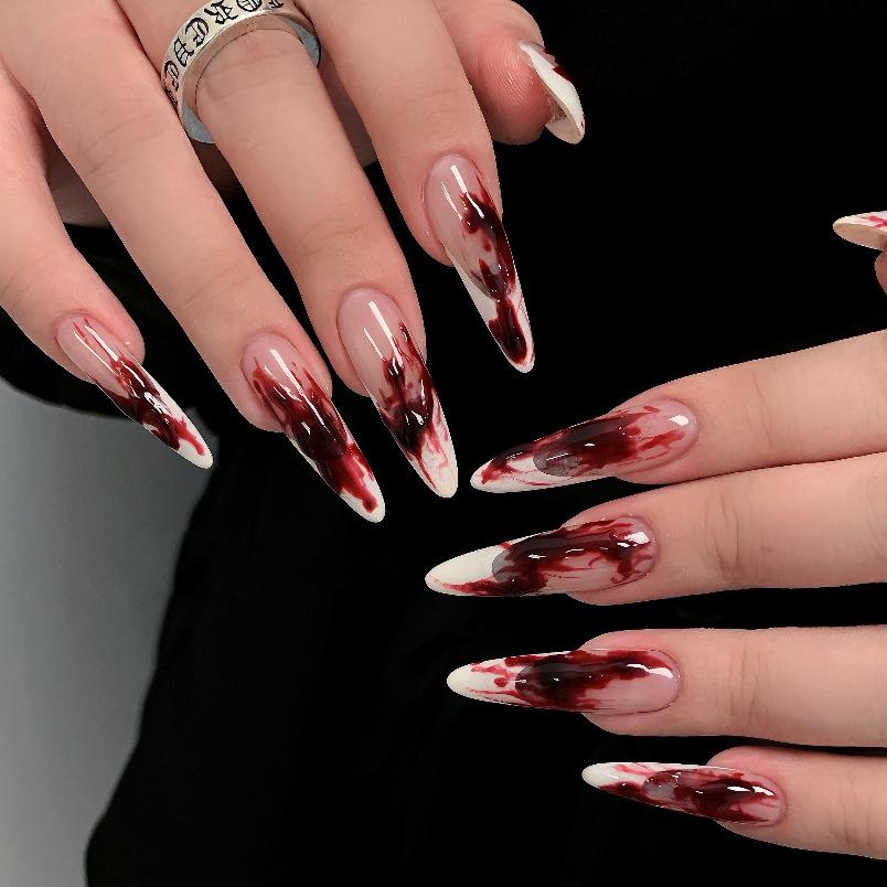 Black Halloween Press On Nails Stiletto Spider Web Design Long Reusable Fake Nails 24 Pcs