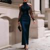 Women's Halter Cold Shoulder Mesh Long Sleeve Ruched High Waist Bodycon Maxi Evening Party Dress