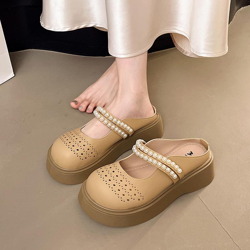 

Thick-soled hollowed-out cool slippers women wear in summer, new fashionable and breathable Mary Jane goes out with a bag head and half slippers 40 абрикосовый