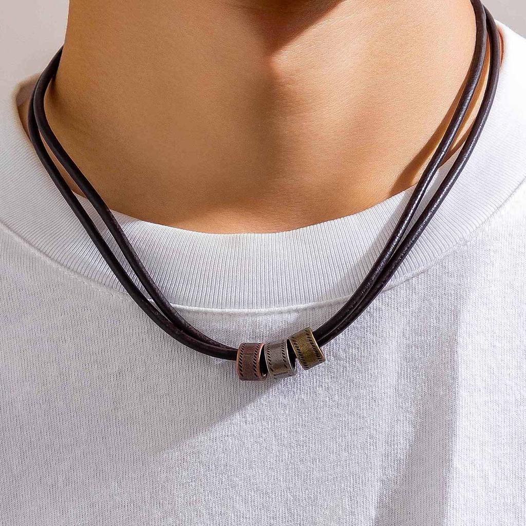 Simple Leather Knot Round Necklace for Men Hip Hop Minimalist Beaded Choker Chain Accessory