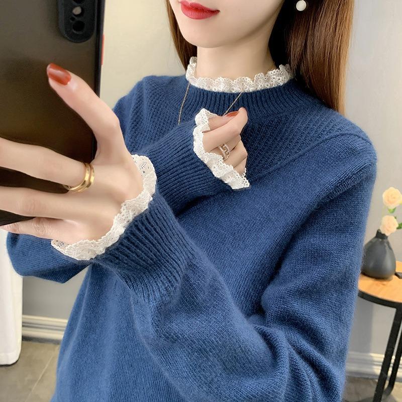 Women's Sweater Knitted Bottoming Shirt Spring Spring Autumn Versatile Semi-turtleneck New Lace Edge High Sense