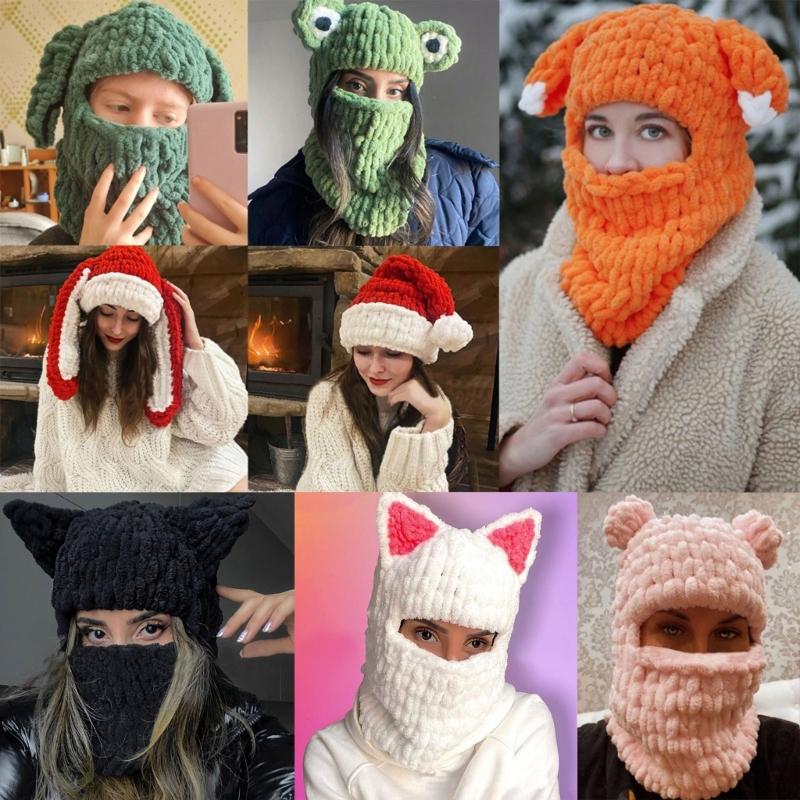 Winter Hat Cartoon Knitting Hat Cute Animal Ear Cosplay Hat Outdoor Sport Hat Woolen Caps Windproof Headwear Balaclava
