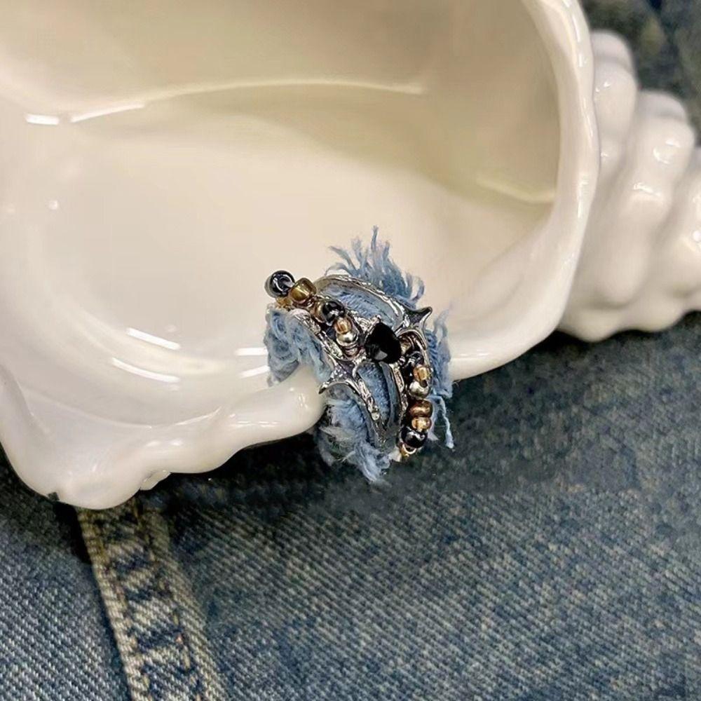 Heart Denim Rings Three Layer Metal Beaded Rings Cool Y2K Opening Rings  Music Festival