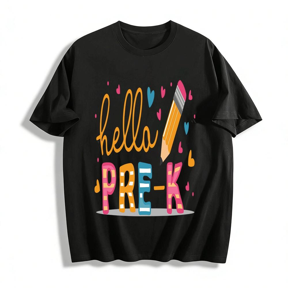 

Hello Pre-K Print Kids Tshirt Cute Pencil Graphic Back To School Top Pure cotton T-shirt XXS