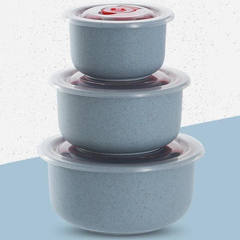 3pcs Wheat Straw Fresh-keeping Bowl Three-piece Set with Lid for Home Microwaveable Plastic Round Lunch Box
