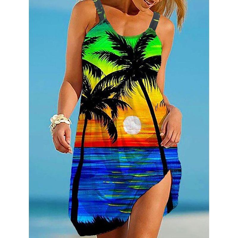 Coconut Tree Print Tank Dress Casual Sleeveless Slim Dress For Spring & Summer Women s Plus Size Clothing 5XL