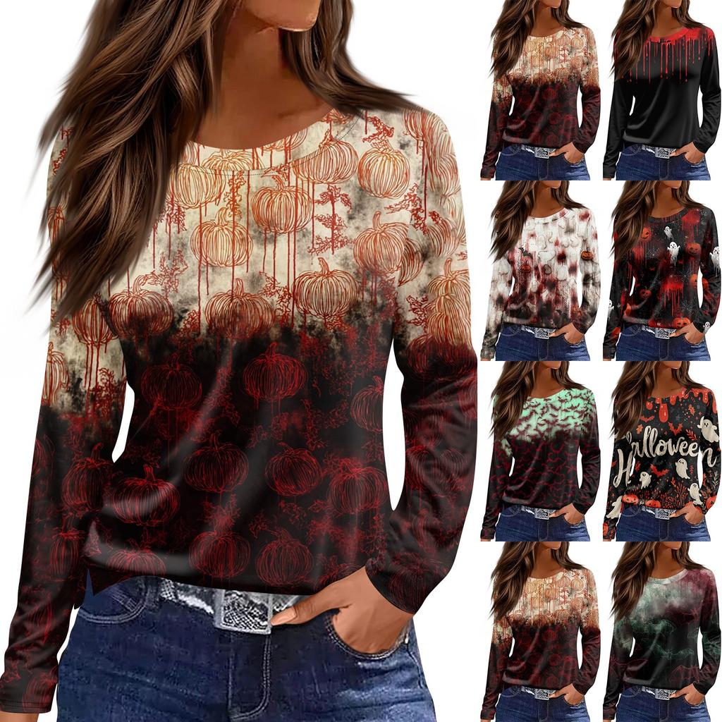 Mote Casual Langermet Trykk Rund Hals Pullover Topp Bluse for Kvinner