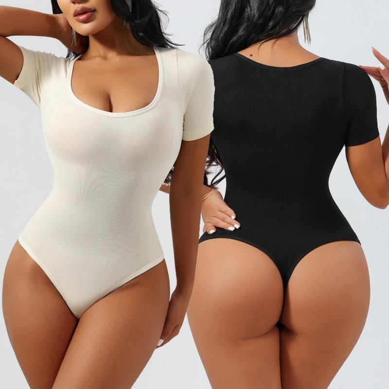 Square Neck Seamless Short Sleeve Buttoned Waist Cinching Shapewear Bodysuit For Women