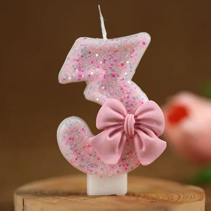 Number Cake Candle Pink Glitter Birthday Candle 1 2 3 4 5 6 7 8 9 3D Number Candle Cake Topper Birthday Party Cake Decor
