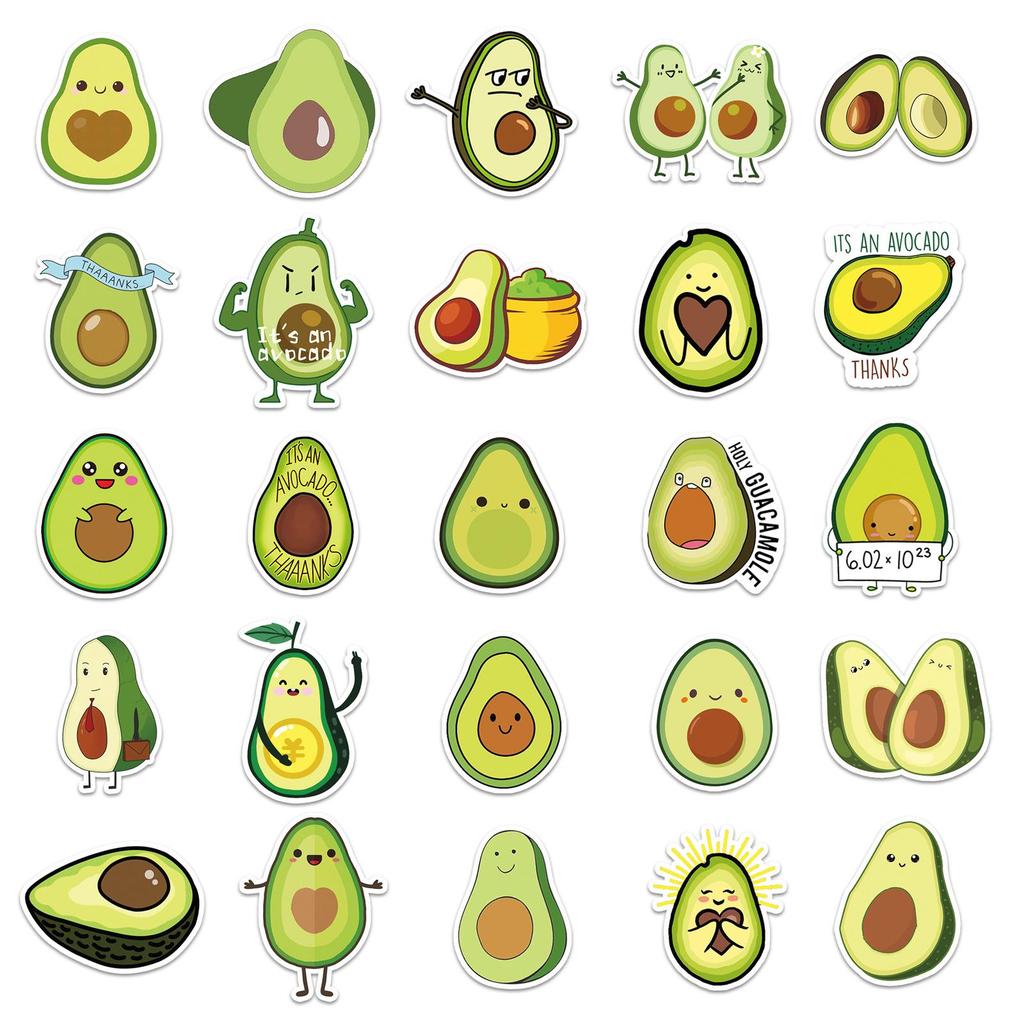 50 Avocado Cartoon Stickers - Fruit, Waterproof, Colorful for Phone, Luggage, Stationery Decor