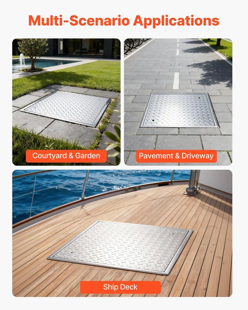 Manhole Cover with Frame, 600 X 600mm Square Septic Tank Lid with Base, Heavy-Duty Slip-Resistant Carbon Steel Drain Channel Inspection Access Cover