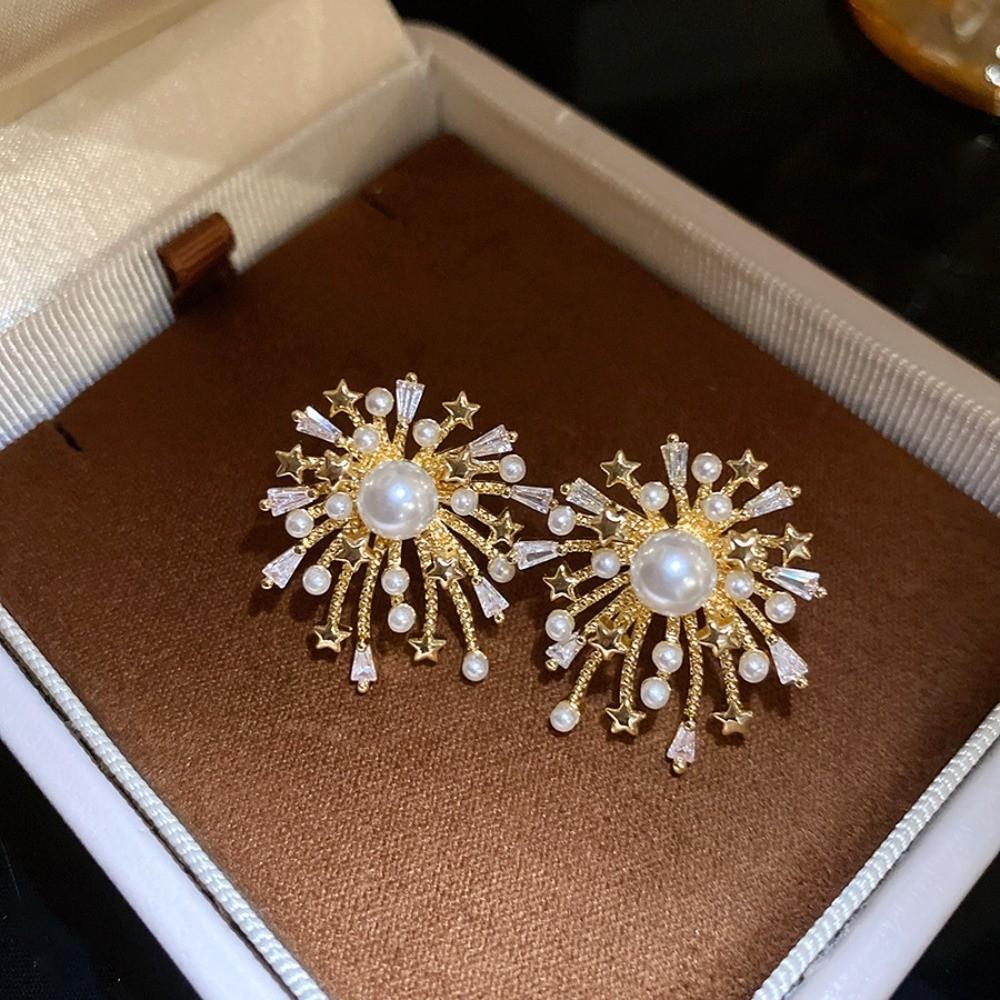 Elegant Sparkling Firework Earrings Pearl Like Dangling Korean Fashion Firework Starburst Ear Studs Zircon