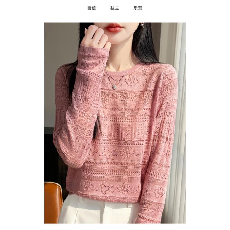 Women S Loose Long Sleeve Round Neck Cutout Knit Sweater Base Layer