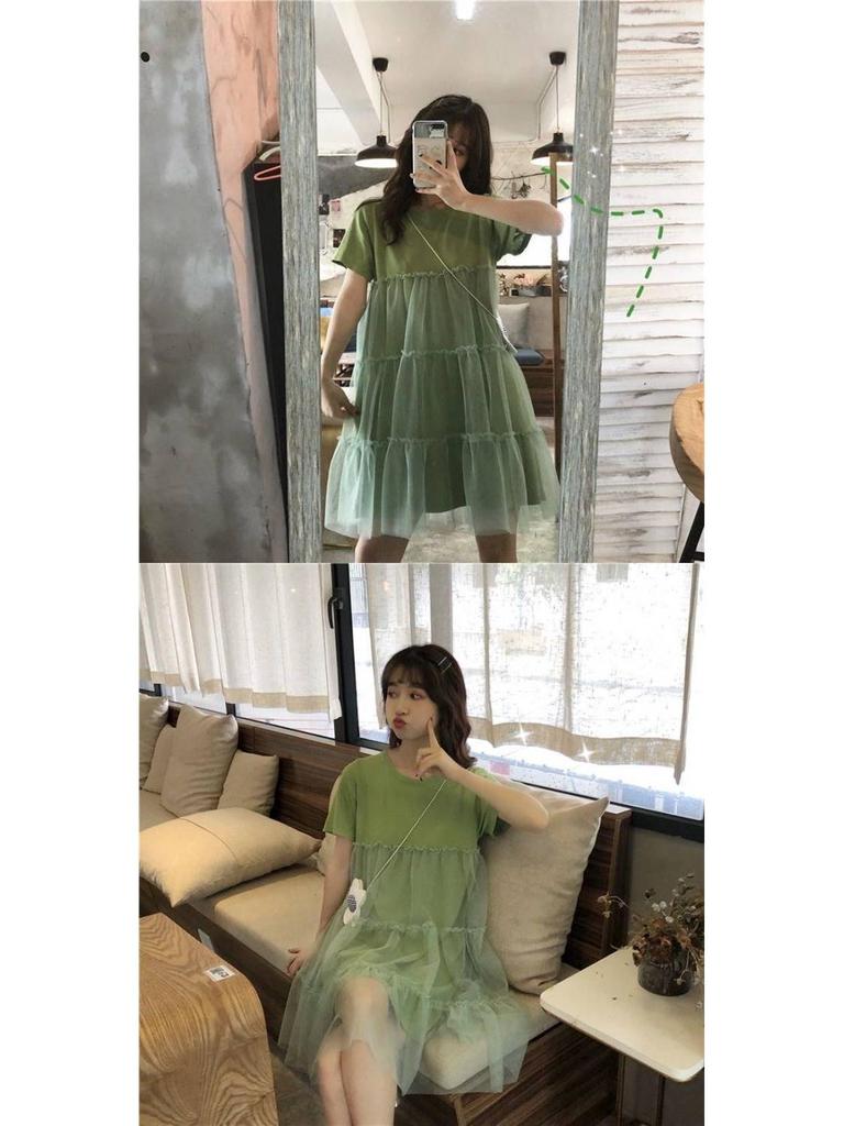 Summer 2023 Korean-Style Maternity Patchwork Dress – Loose Fit, Fresh, Sweet, and Fairy-Themed with Short Sleeves.