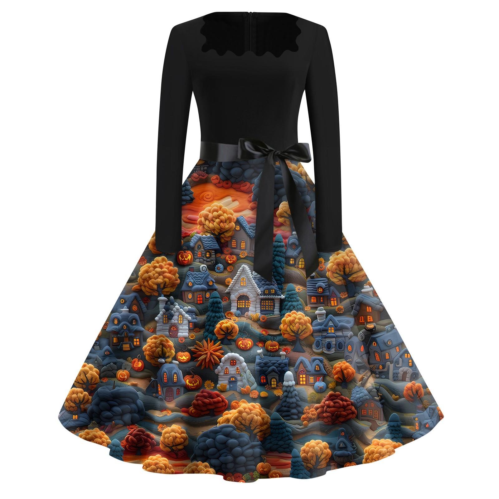 

Платье с расклешенным принтом на Хэллоуин для женщин, платье с длинным рукавом, полые вечерние повседневные платья S тёмно-синий