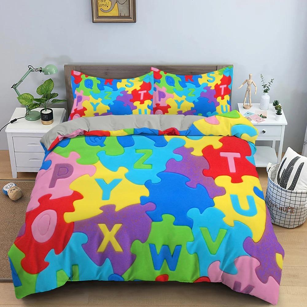 3D Print Colorful Puzzle Duvet Cover King Queen Geometric Figure Quilt Cover Simple Polyester Bedding Set for Kids Boys Girls