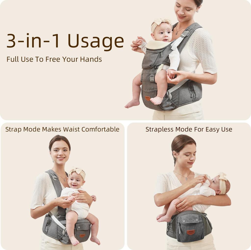 Sunveno Baby Hip Baby Back Easy to Wear Carrier, Seat, Carrier, Carrier, Face-to-Face Carry, Washable, (Gray)