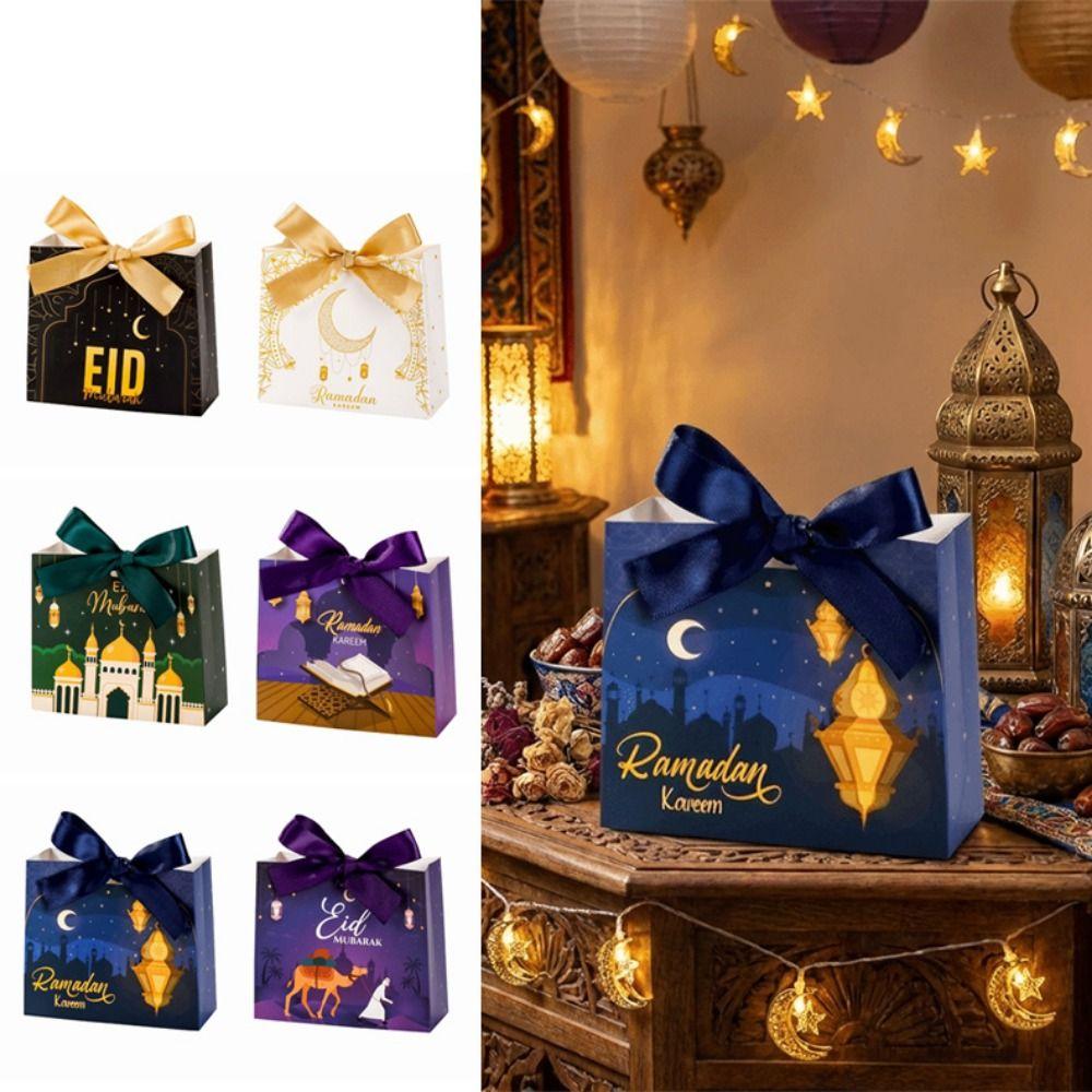 10Pcs Multicolor Eid and Ramadan Gift Boxes Star/Moon Portable Ramadan Gift Box Simple Satin Ribbon Bow Eid Gift Box