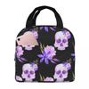 Gothic Violet Flower Skull Insulated Lunch Bag for Women Office Cooler Thermal Food Box Tote Portable Lunch Boxes Container