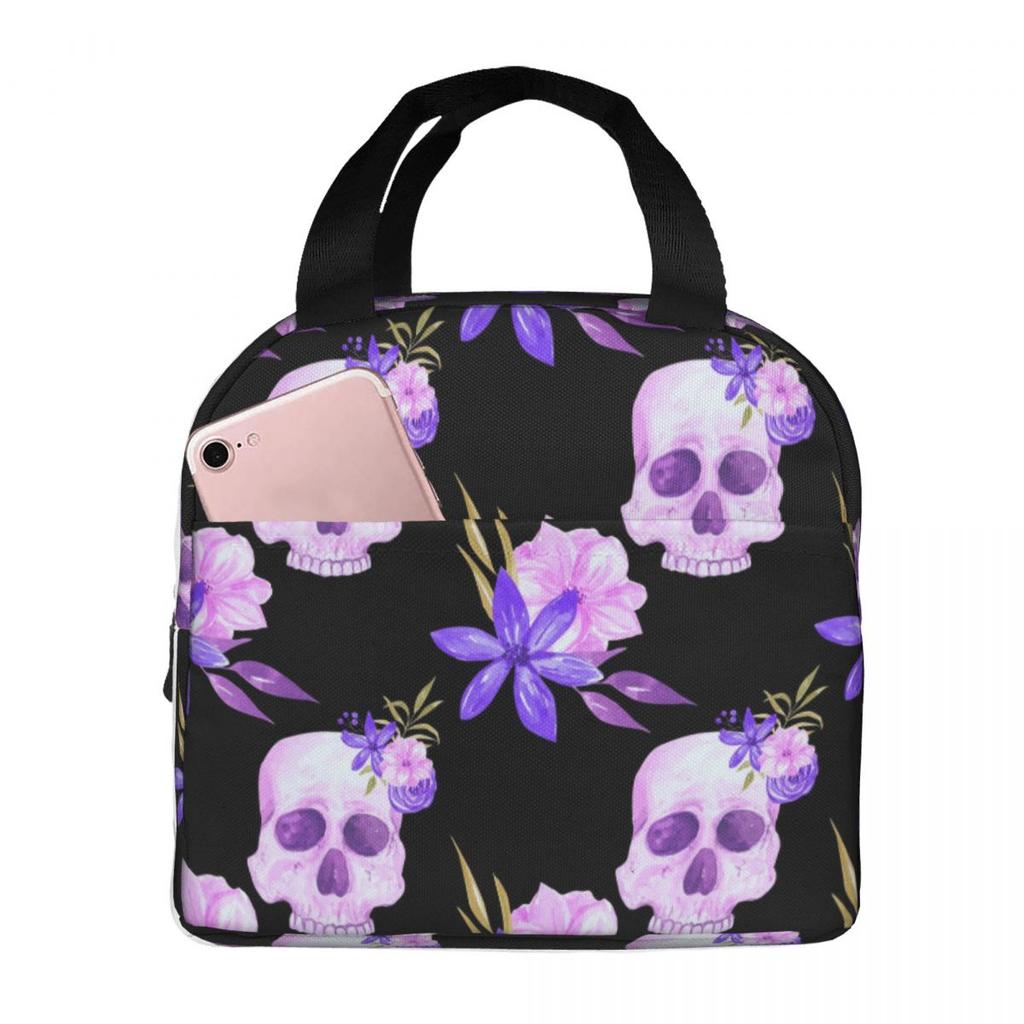 Gothic Violet Flower Skull Insulated Lunch Bag for Women Office Cooler Thermal Food Box Tote Portable Lunch Boxes Container