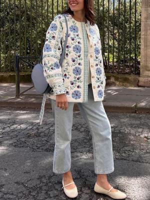 Elegant Women Cotton Jacket Floral Print Belted Coat Autumn Winter Fashion Long Sleeves Single Breasted O Neck Streetwear New Lady Outerwear