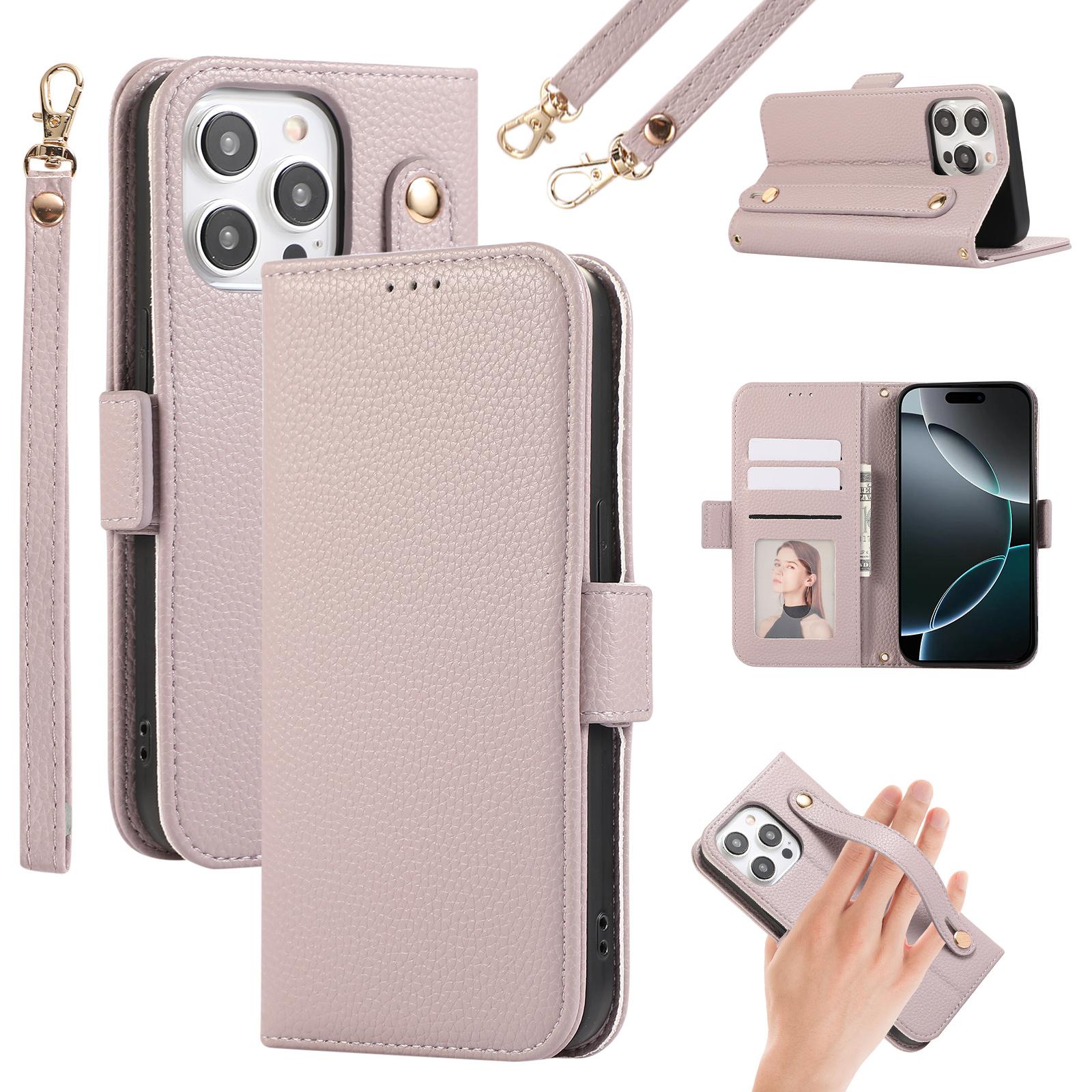 

For iPhone 16 Pro Max Leather Case with Card Holder,Straps,Shockproof Wallet Phone Cover Purple