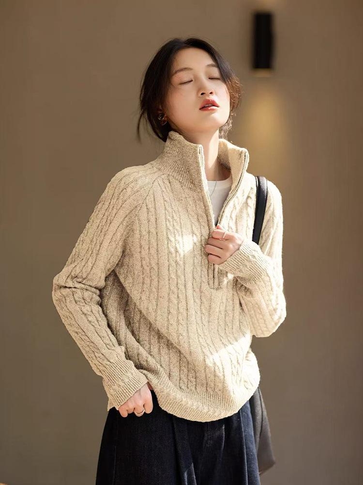 Women's Autumn & Winter Stand Collar Half-Zip Thick Knit Sweater - Long Sleeve Cable Knit Top for Outerwear