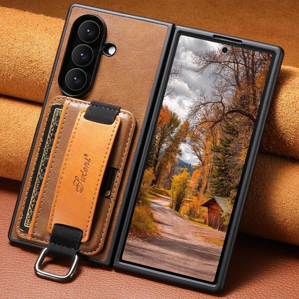 SUTENI Oil Wax Texture Leather Case for Samsung Z Fold 7/6/5 with Wrist Strap, Card Slot, and Stand