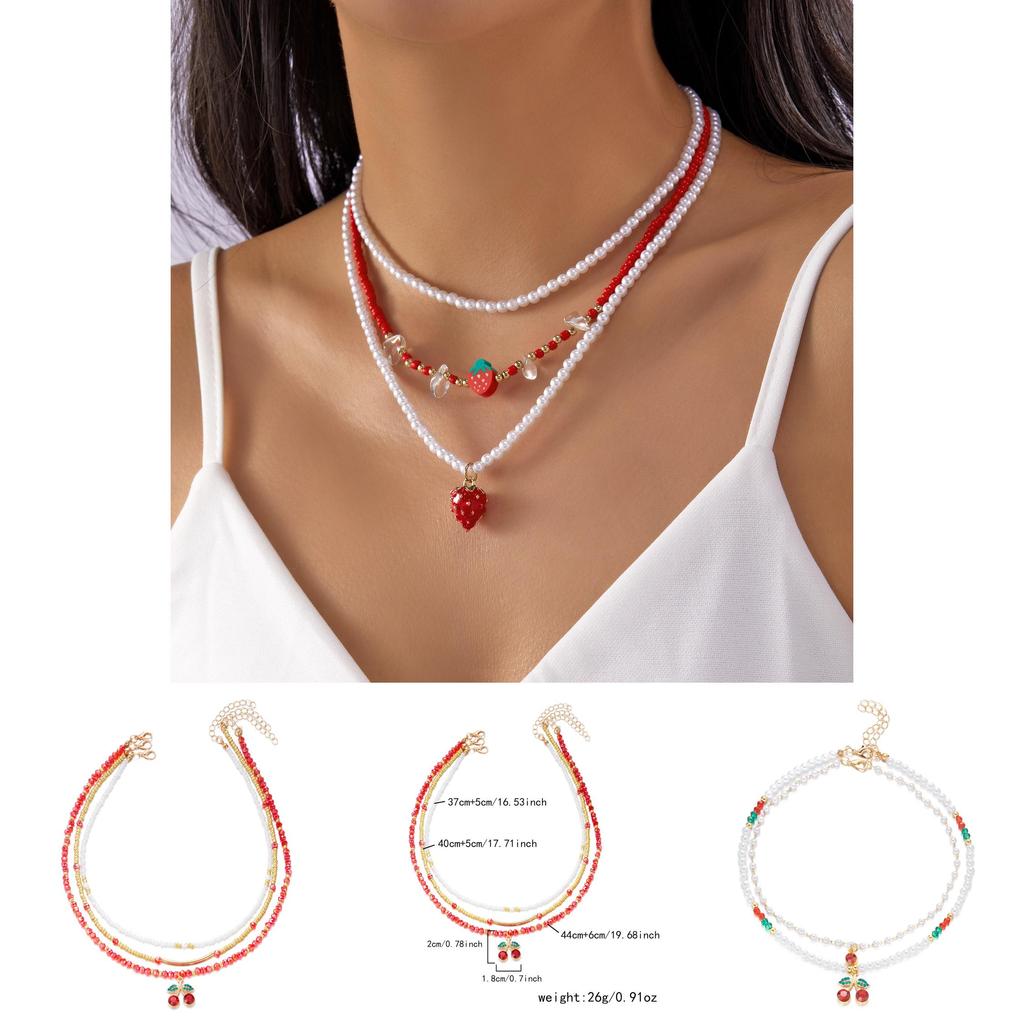 Romantic Heart Pearl Choker Necklace With Cherry And Strawberry Charms For Girls