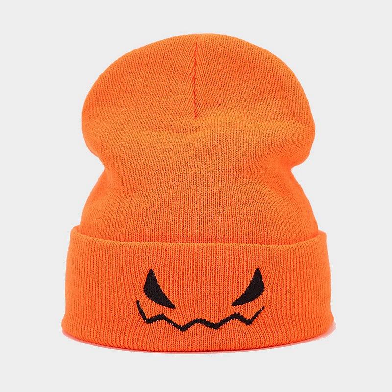 European and American new Halloween pumpkin little devil expression embroidery knitted hat men's and women's autumn and winter warm wool hat