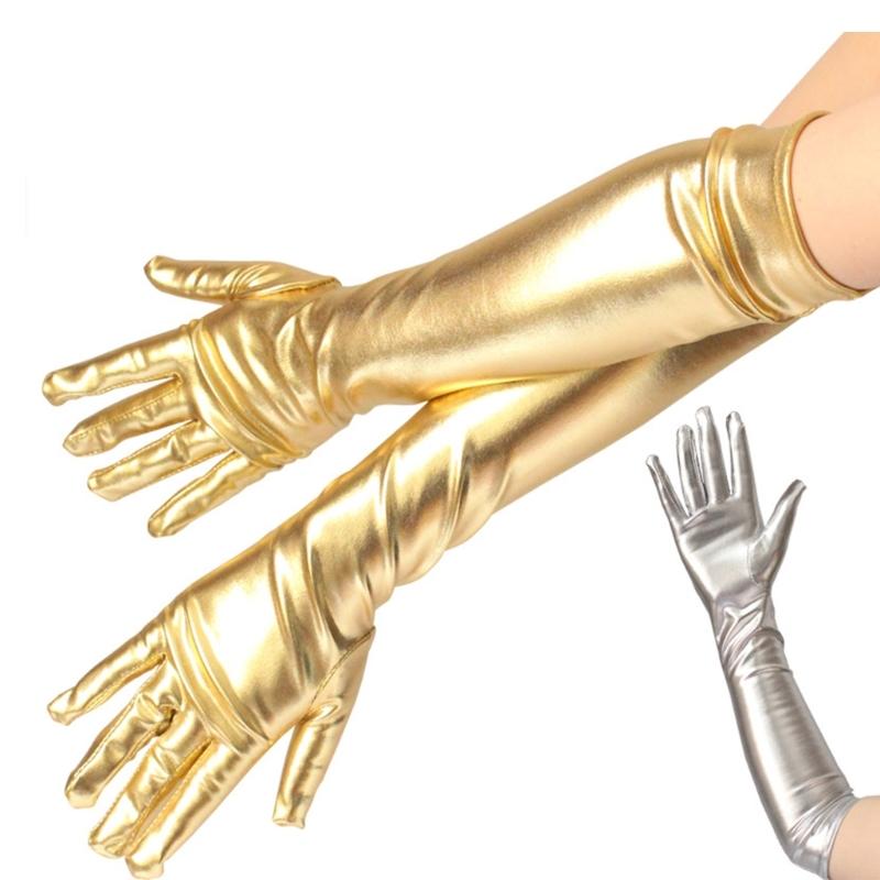 Women Long Operetta Metallic Gloves Elbow Length Skin-friendly Stretch for Evening Wedding Dress Costume Burgundy Style