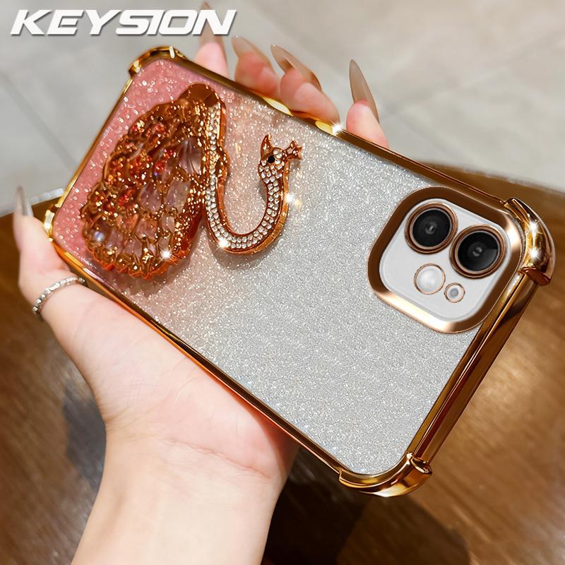 KEYSION Shockproof Plating Phone Case for iPhone 11 12 Pro Max Clear TPU Glitter Jewelled Swan kickstand Back Cover for iPhone 11