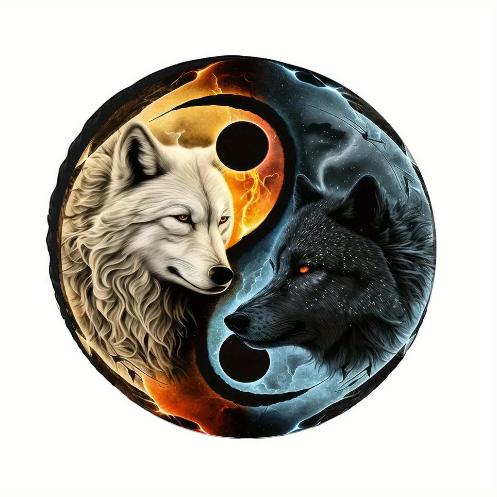 Yin Yang Wolf Spare Tire Cover Polyester Waterproof Dust Protector for Trailer SUV Truck