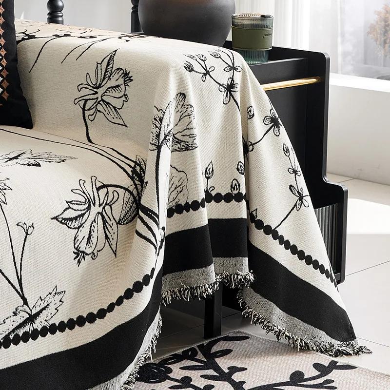 Chenille Sofa Cover Thicken Sofa Blanket Simple Cushion Soft Towel Fashion Lunch Blanket Sofa Towel Jacquard Pattern with Tassel