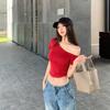 Slim Fit Y2k Crop Top Spicy Girl Style Short Sleeve Solid Tops Sweet Off Shoulder T-shirt  Girl