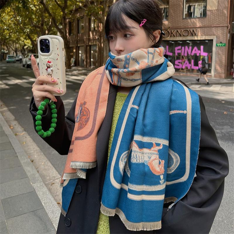 New Blue Imitation Cashmere Scarf Women's Winter Thickened Warm Scarf Versatile Cashmere Feel Fringed Shawl