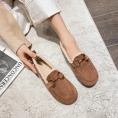 Women's Winter Plush Shoes Outdoor Flat Loafers Fur Snow Boots Fashion Metal Decoration Office Lady Style Soft Shoes Korean