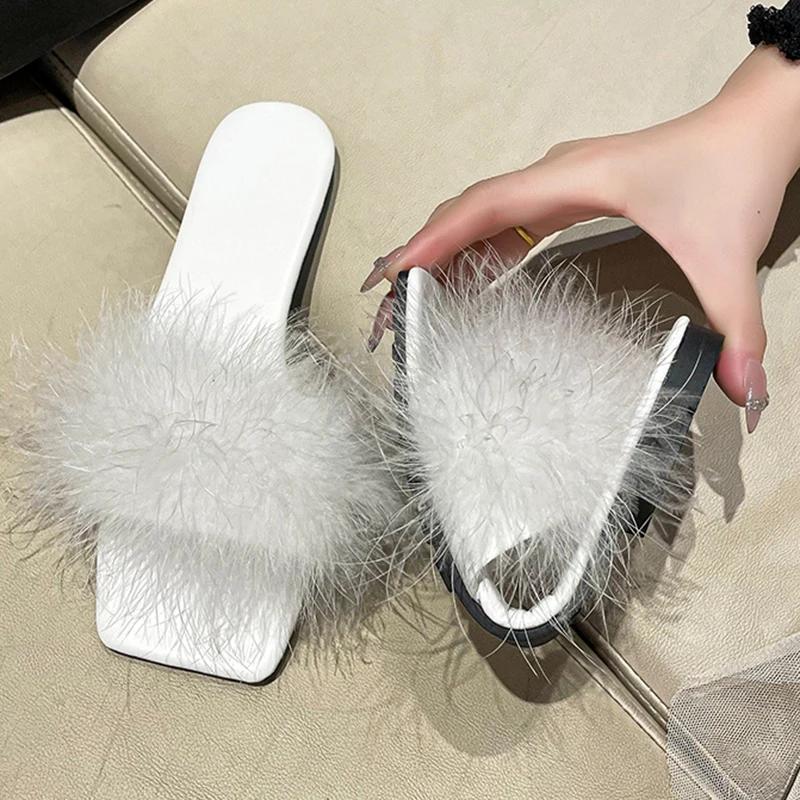 Lucyever Blue Summer Flat Fur Slipper Women 2025 Soft Bottom Non Slip Slides Shoes Woman Fashion Square Toe Fluffy Slippers