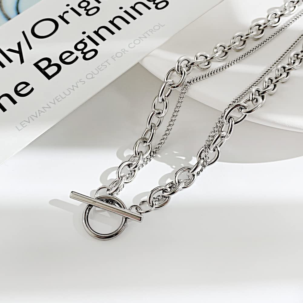 Necklace for Double Mantel Asymmetrical Chain Shiny For New Hip Hop Accessory [Rockyu] Women, Hypoallergenic, Silver, Strand, Necklace, Azuki, Kihei,
